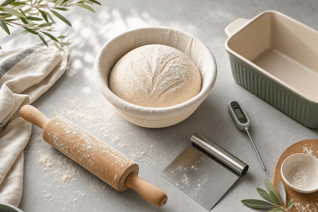 A clean, modern flat-lay image of essential bread baking tools arranged artfully on a textured light gray countertop: a wooden rolling pin dusted with flour, a shiny stainless steel dough scraper, a linen-lined proofing basket with a perfectly shaped rustic bread dough, a digital thermometer, and a ceramic loaf pan. Soft natural morning light filters in from one side, casting gentle shadows and creating a serene, focused atmosphere. The color palette features soft whites, warm beige, muted sage green accents, and subtle pastel gradients in the background for a fresh, professional, and inviting look. No characters, text, or humans.