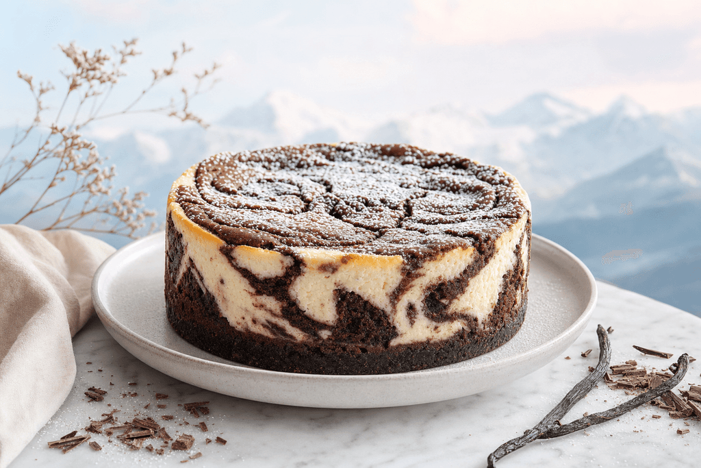 A beautifully styled, high-altitude brownie cheesecake sits on a matte ceramic plate atop a marble surface. The cheesecake has distinct, rich chocolate brownie swirls and creamy cheesecake layers, with a delicate dusting of powdered sugar on top. Around the plate, a few loose chocolate shavings and a subtle hint of vanilla bean pod accent the scene. Gentle natural light streams in from one side, creating soft shadows and subtle gradients. The background softly fades in tranquil pastel tones, hints of pale blue and blush, evoking a cool, airy mountain atmosphere. No humans, text, or characters in the image.