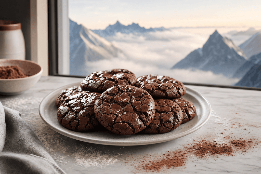 A close-up of a batch of rich, glossy chocolate cookies on a matte, light gray ceramic plate, each cookie with visible cracks and a sheen of butter, set atop a marble countertop dusted with a light sprinkling of cocoa powder and flour. In the background, a blurred view of soft, misty mountain peaks through a window, suggesting high altitude, all enveloped in gentle natural morning light. The image has a modern, clean composition with soft cool and warm gradients, no characters, text, or humans, evoking a cozy and inviting mood.