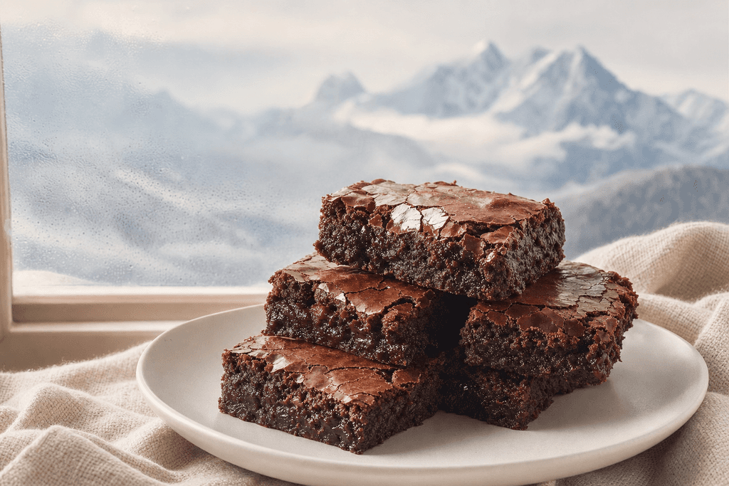 A close-up of a stack of chewy, fudgy brownie bars on a minimalist matte white ceramic plate, surrounded by a soft, misty high-altitude mountain background hinted through a frosted window. The brownies have a shiny, crackly top and rich, deep chocolate color, with slightly gooey texture at the edges. The overall scene is warmly lit with natural diffused daylight, creating a cozy, inviting mood. Colors are soft and neutral, browns, creams, and pale blues, with subtle gradients, clean lines, and absolutely no characters, text, or humans in the image.