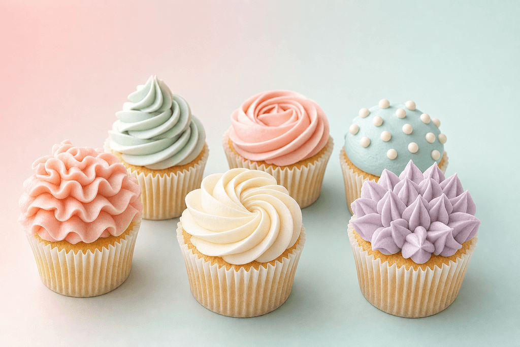 A modern, clean image of six beautifully frosted cupcakes arranged in a semicircle on a soft pastel surface, each cupcake showcasing a different elegant frosting technique and color palette, whipped swirls, smooth rosettes, graceful ruffles, silky waves, peaked petals, and delicate dots. The background features a subtle gradient of soft blush pink and cool mint, with diffused natural light creating a serene and inviting atmosphere. No characters, text, or humans in the image.
