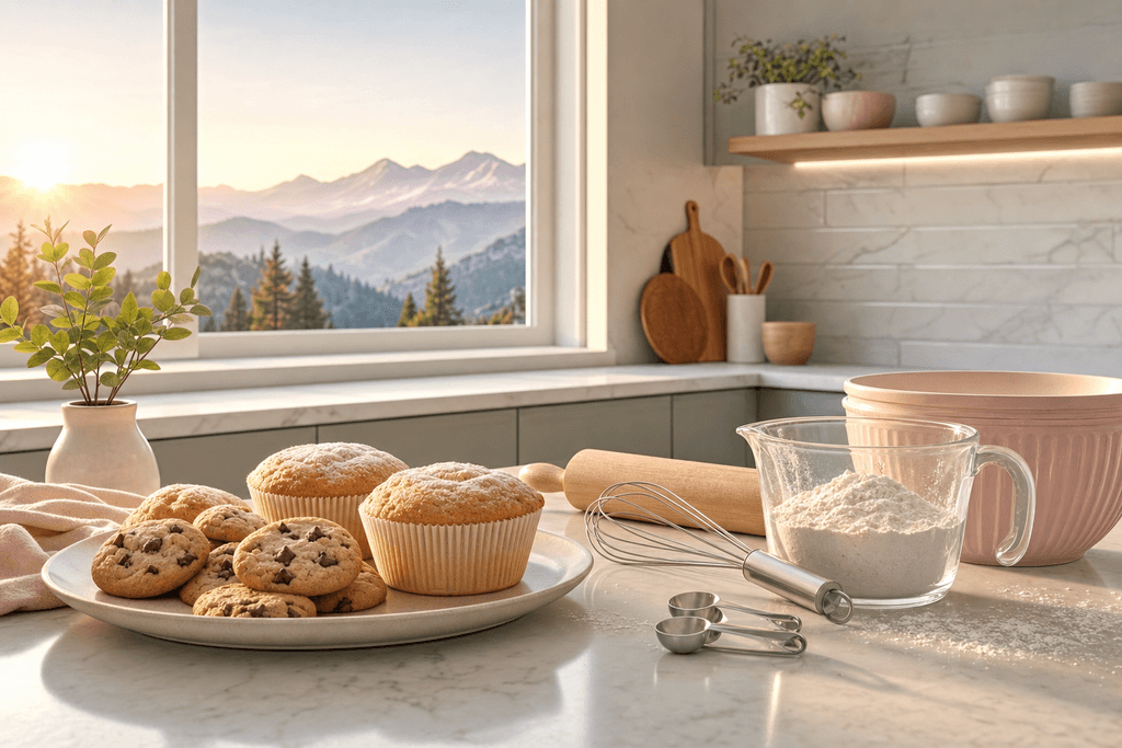 A modern, clean kitchen countertop at sunrise with sunlight streaming gently onto a subtle mountain landscape visible through a window; in the foreground, a plate of perfectly risen cakes and cookies sits beside a set of pristine baking tools and a measuring cup dusted with flour, all arranged on a pale marble surface; the scene uses soft pastel colors and gradients, creating a serene, inspiring atmosphere with no characters, text, or humans present.