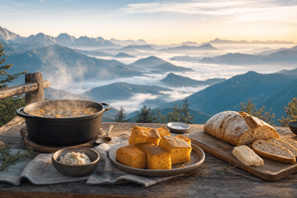 A professional, modern image of a rustic wooden table set outdoors on a mountain overlook at dawn, with soft morning light illuminating a spread of high-altitude-friendly foods such as a steaming pot of hearty soup, golden cornbread, and a loaf of artisan bread, surrounded by subtle wisps of steam and gently rising mountain peaks in the misty distance. No characters, text, or humans; use soft blues, pale greens, and warm earth tones with subtle gradients for a calm, inviting atmosphere.