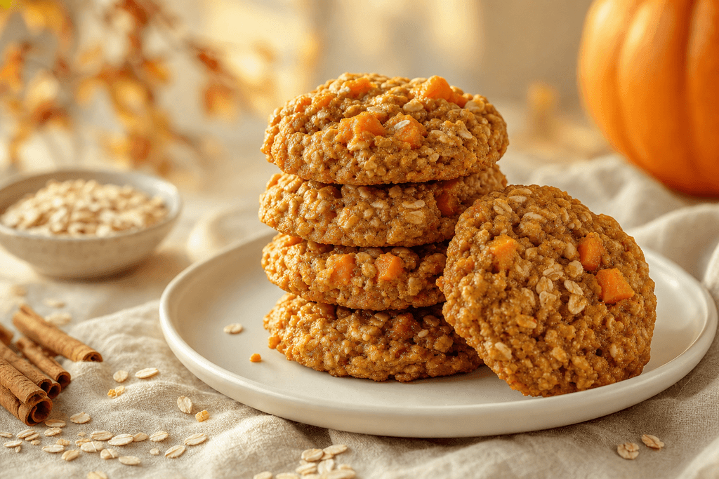 A close-up of a stack of pumpkin oatmeal cookies with visible oats and pumpkin pieces, resting on a clean white ceramic plate atop a soft beige linen cloth. The background is softly blurred with warm, golden autumn sunlight streaming through, highlighting the cookies’ moist, chewy texture and subtle orange hues. Gentle shadows and a hint of cinnamon sticks and rolled oats artfully scattered around complete the scene. No characters, text, or humans in the image. The overall mood is cozy, inviting, and modern with a clean, professional composition and soft, neutral color gradients.