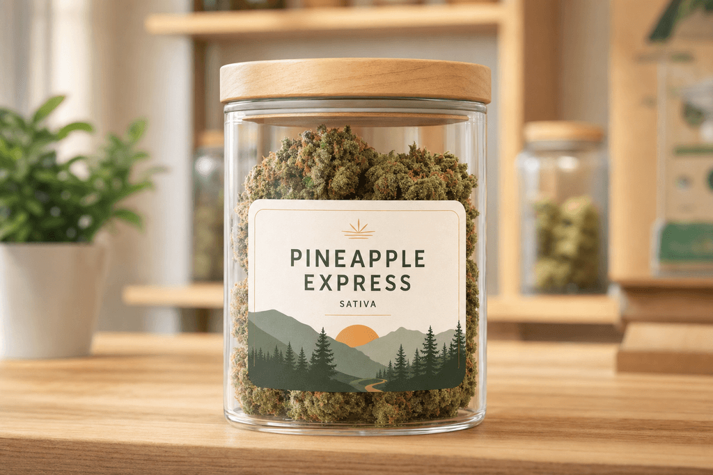 Sealed cannabis flower jar sitting on wooden dispensary counter
