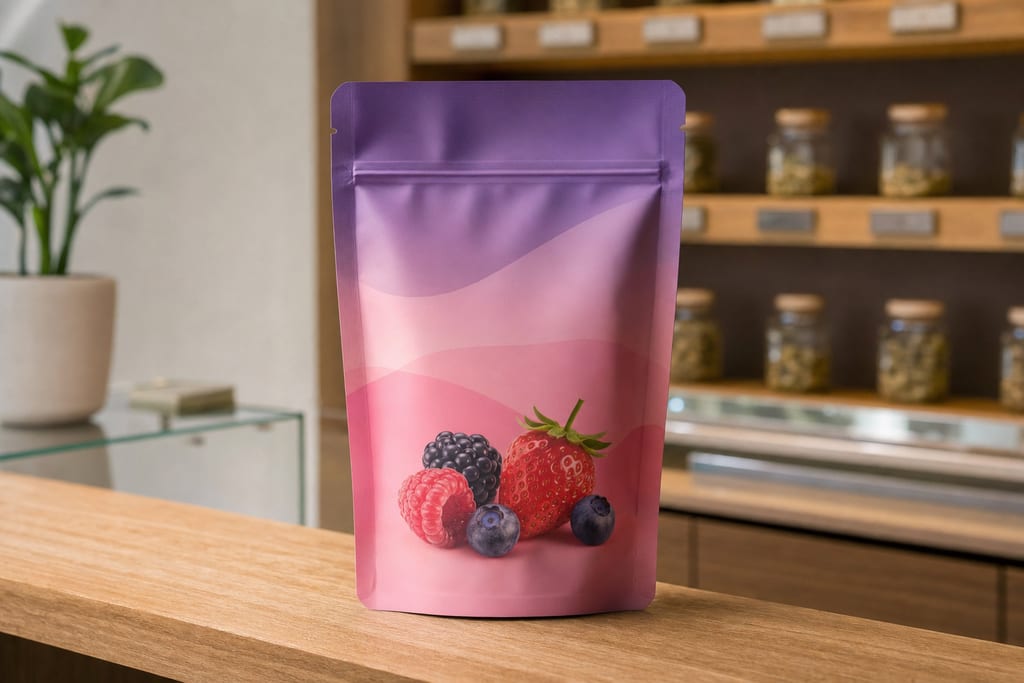 Modern berry fruit chew package on wooden dispensary counter for best dispo near me shoppers