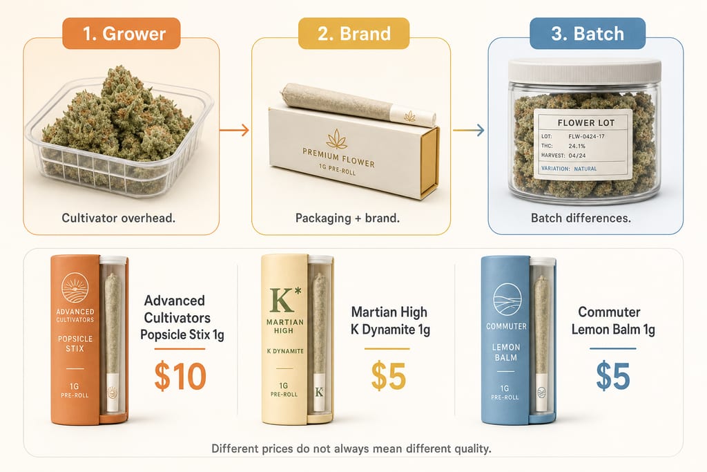Three-step pre-roll pricing workflow showing grower, brand, batch comparison at Brockton cannabis dispensary