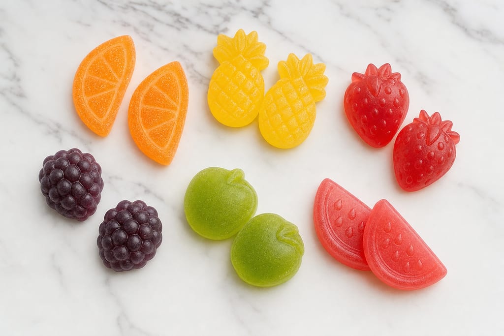 Colorful fruit-shaped gummy edibles on marble counter showing Cannabis edibles in Cambridge MA as smoke-free option