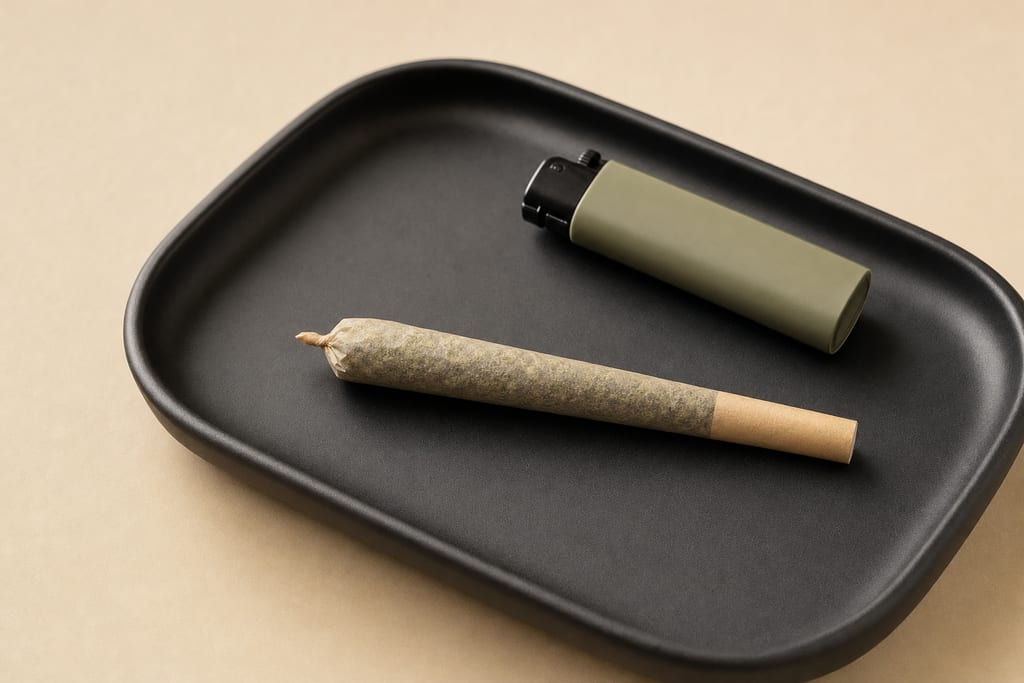 Single light pre-roll on matte tray beside a lighter in warm studio lighting Same-day pickup cannabis Cambridge