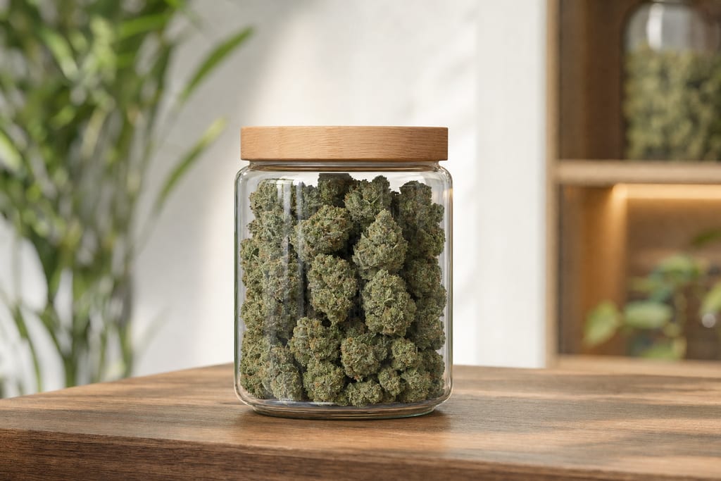 Modern studio jar of dense dark green cannabis buds from cambridge dispensary ma