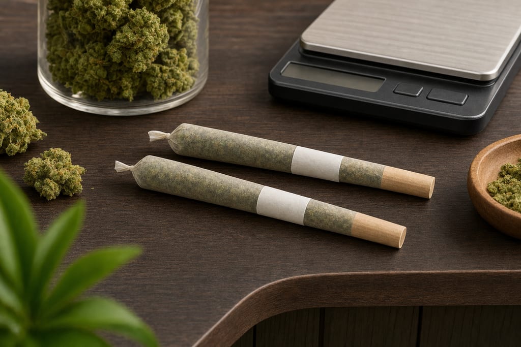 Two labeled cannabis pre-rolls on a dark wooden dispensary counter with scale at dispensaries in brockton ma