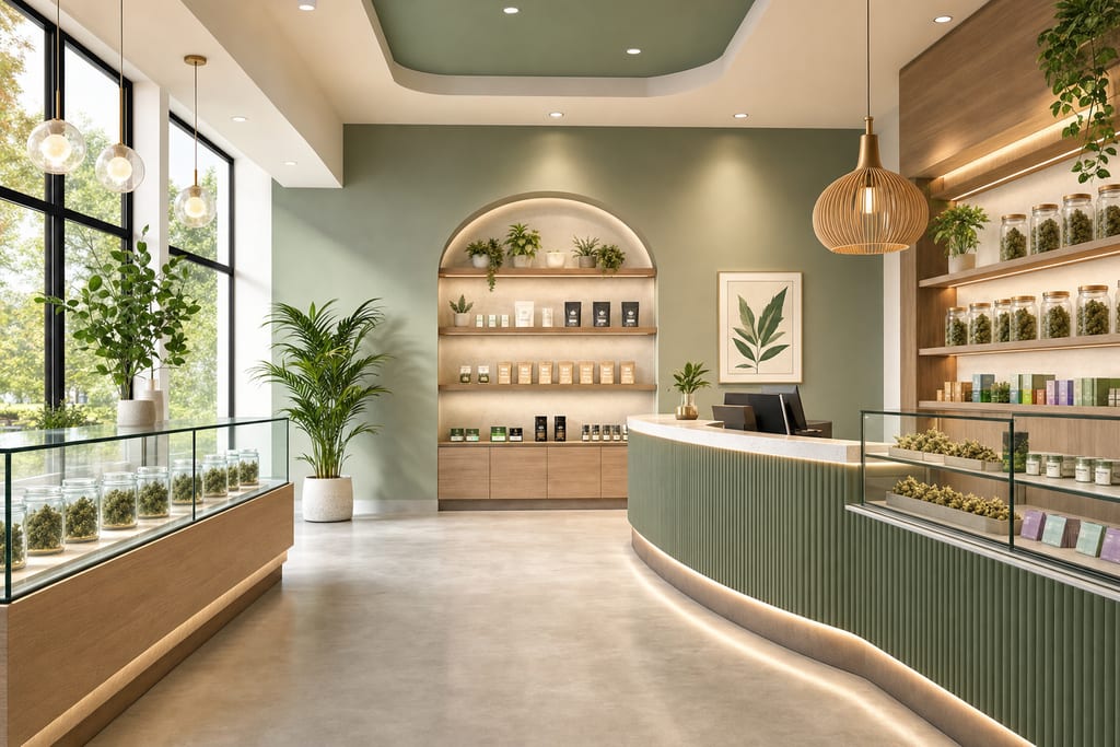 Modern, bright dispensary interior illustration with display cases and welcoming counter for Best dispensary in Cambridge MA