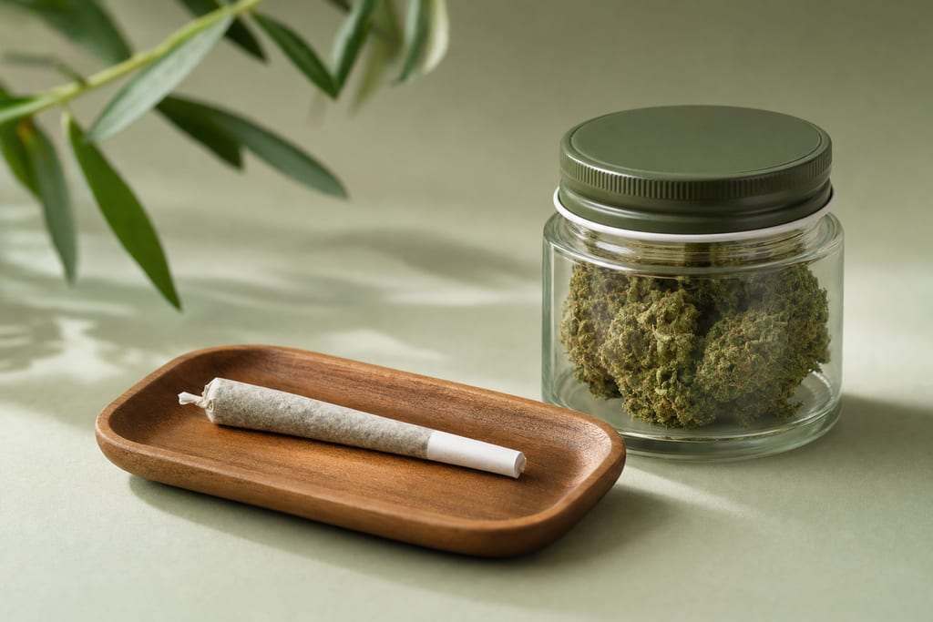 Single pre-roll on a wooden tray beside a sealed glass jar, Cannabis near Jamaica Plain MA