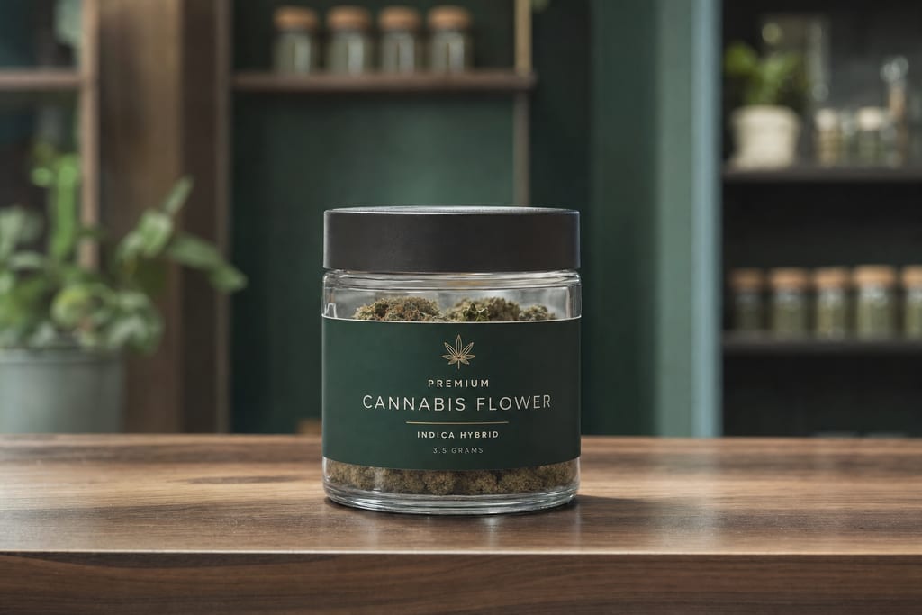 Sealed cannabis flower jar on wooden dispensary counter, a maui wowie flower near me alternative