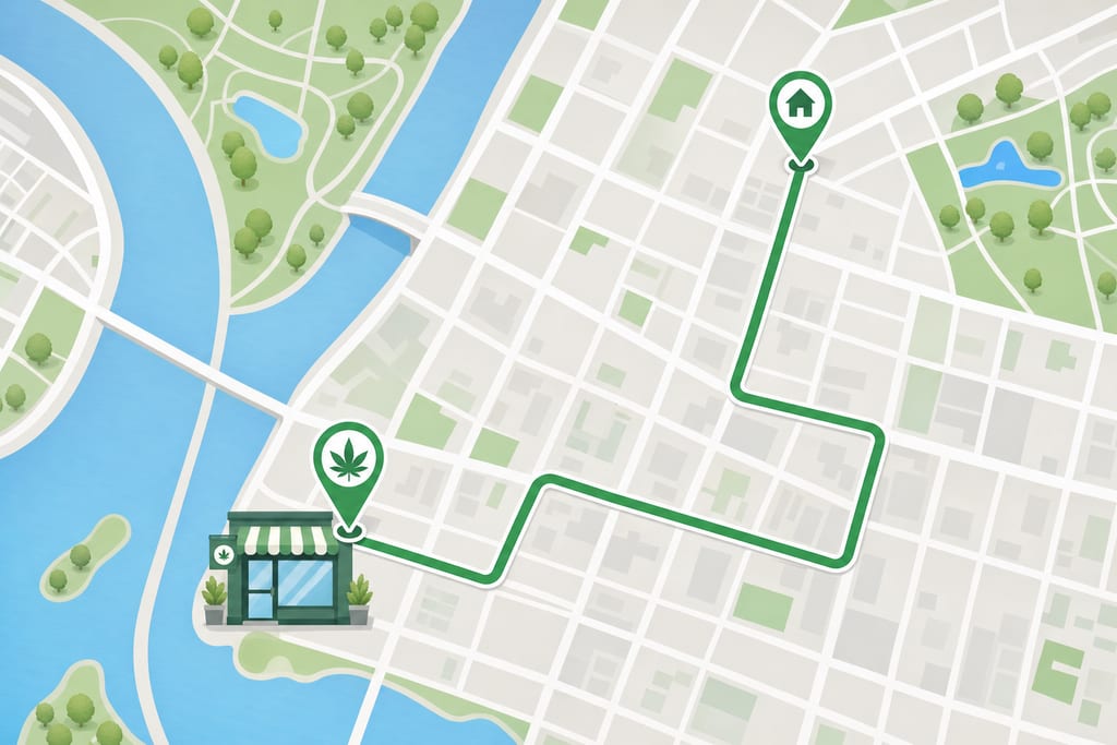 Clean vector map showing route from a local neighborhood to a Dispensary near East Cambridge storefront