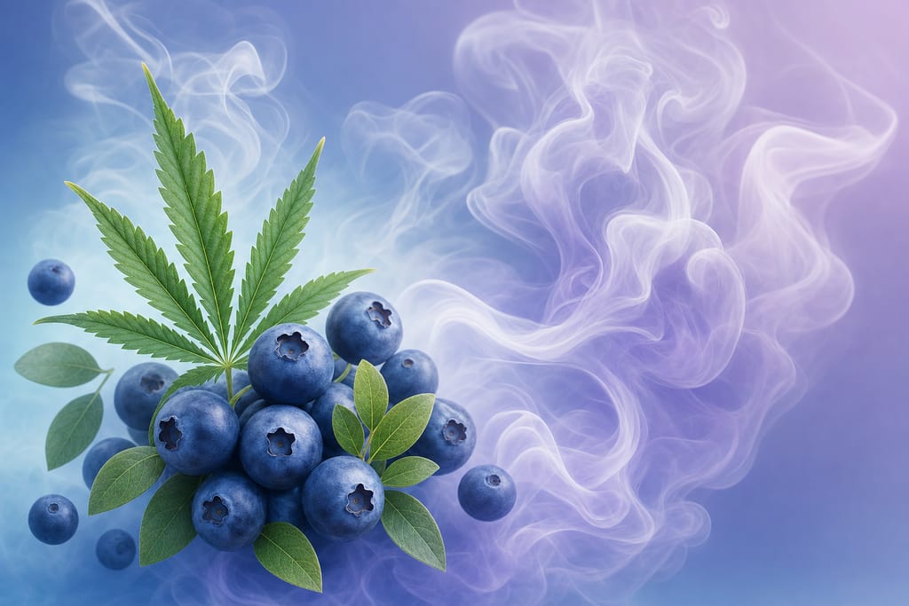 Blueberries and hazy smoke swirls evoking the blue dream strain flavor profile