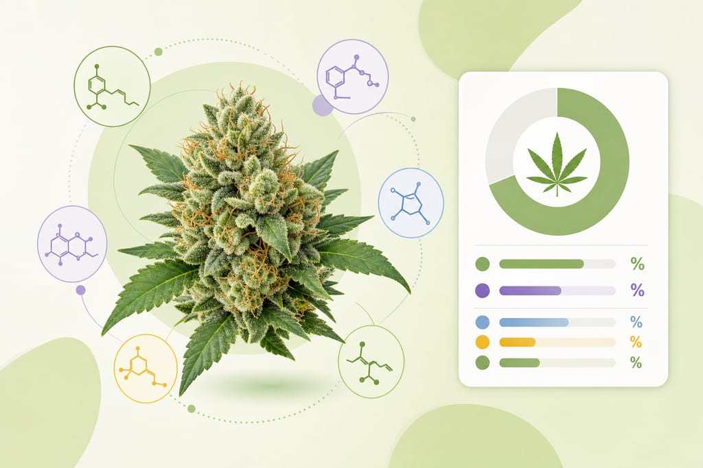 Cannabis flower with terpene molecule icons and lab results showing THC, indica vs sativa