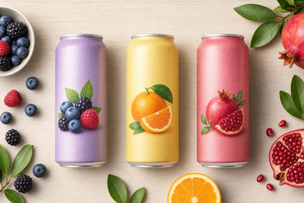 Three canned silhouettes with berry, citrus, and pomegranate motifs on wood, showcasing thc beverages