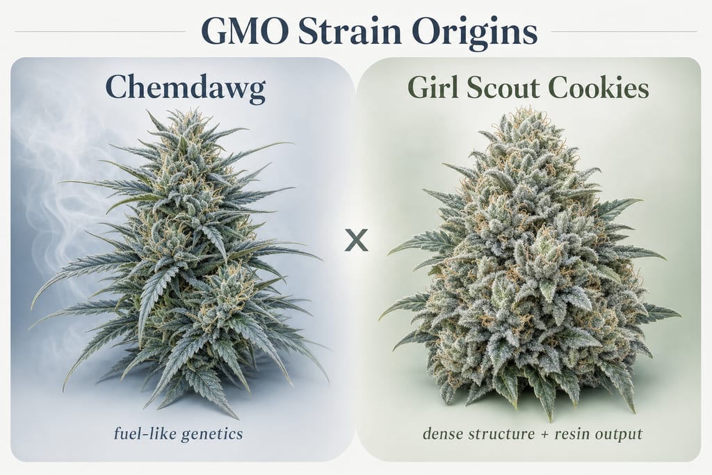 Clean side-by-side visualization of Chemdawg and Girl Scout Cookies parent plants creating gmo strain cross