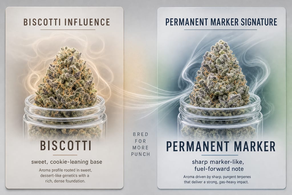 Side-by-side visual comparing Biscotti influence and gas-forward permanent marker strain aroma