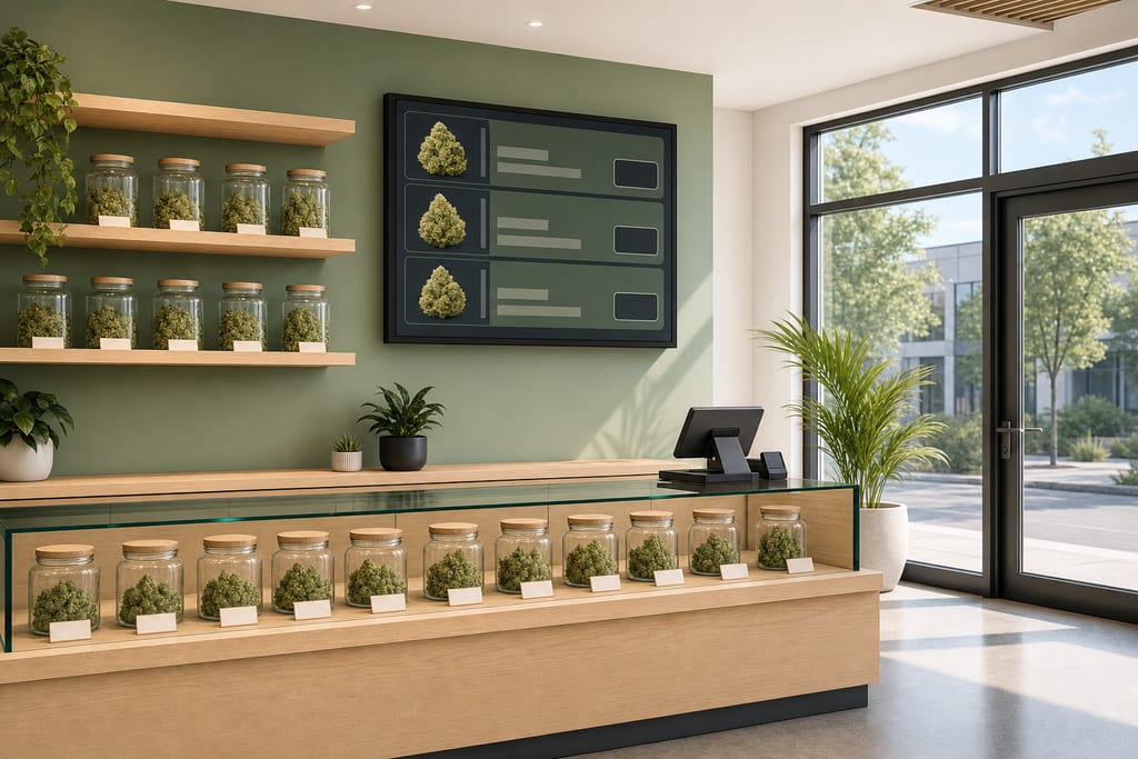 Modern dispensary interior with organized glass jars showcasing Best cannabis flower Cambridge MA selections