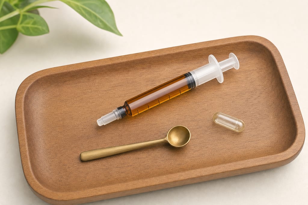Amber glass syringe labeled cannabis oil beside spoon and empty capsule on wooden tray, rso oil