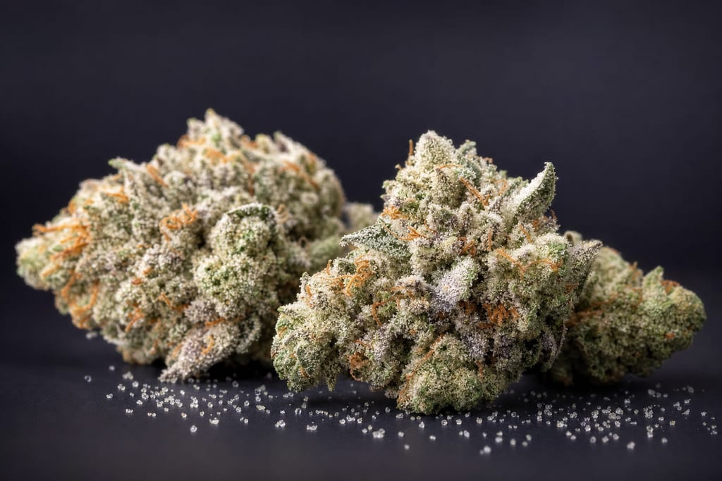 Frosty trichome-coated cannabis buds glistening under soft light showcasing glitter bomb strain