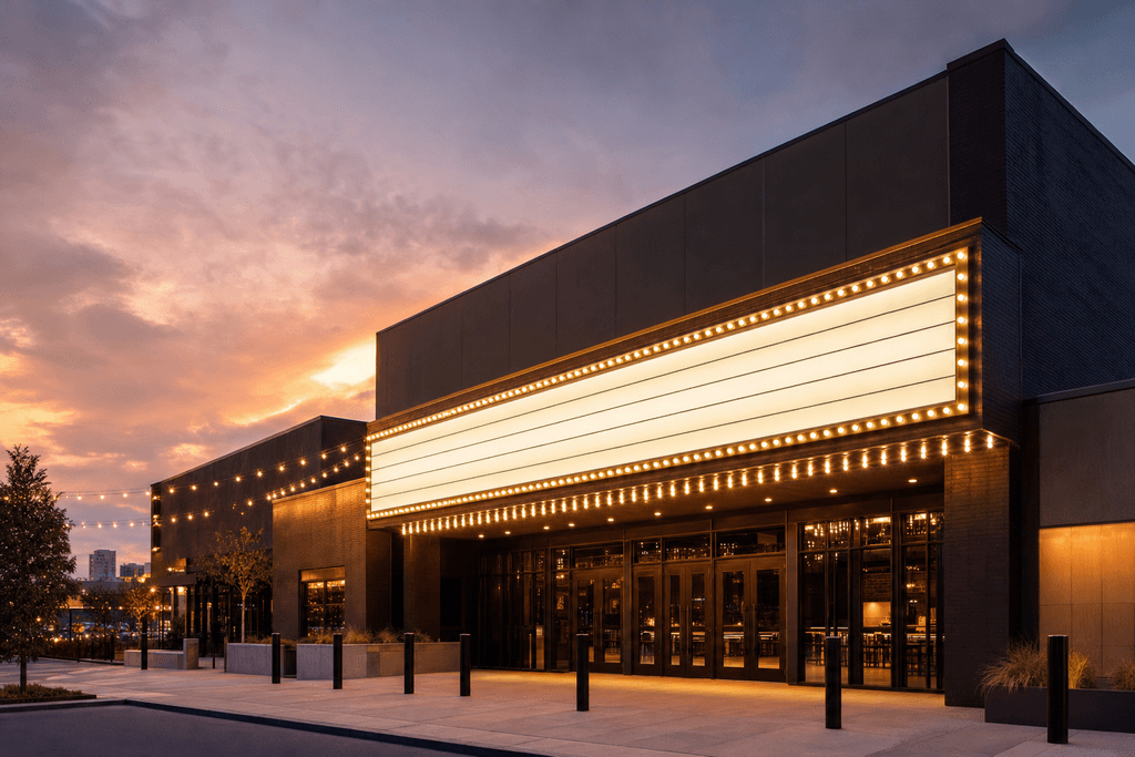 Exterior of a music venue building lit up at night