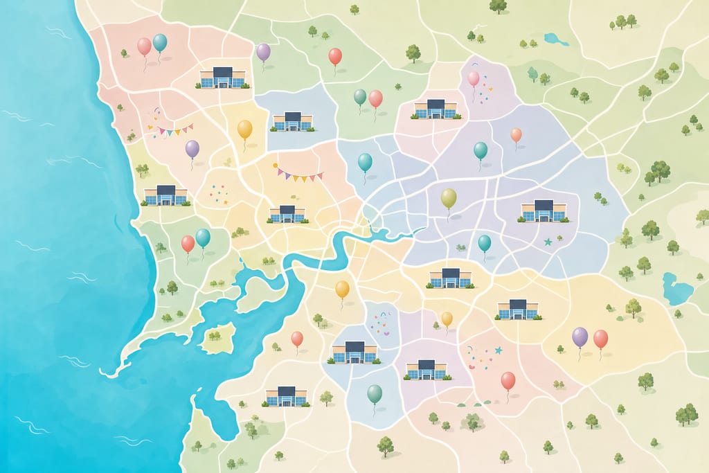 Flat-lay Perth suburbs map with shopping centre icons and scattered balloon decor for party supplies perth
