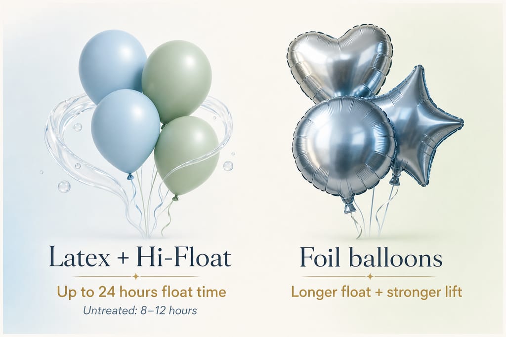 Side-by-side comparison of latex and foil showing balloons and helium float performance