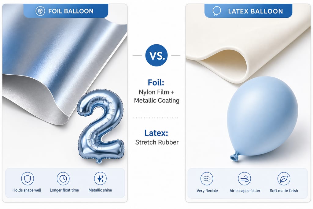Split-screen comparison showing foil balloons nylon film vs latex rubber material and shape retention