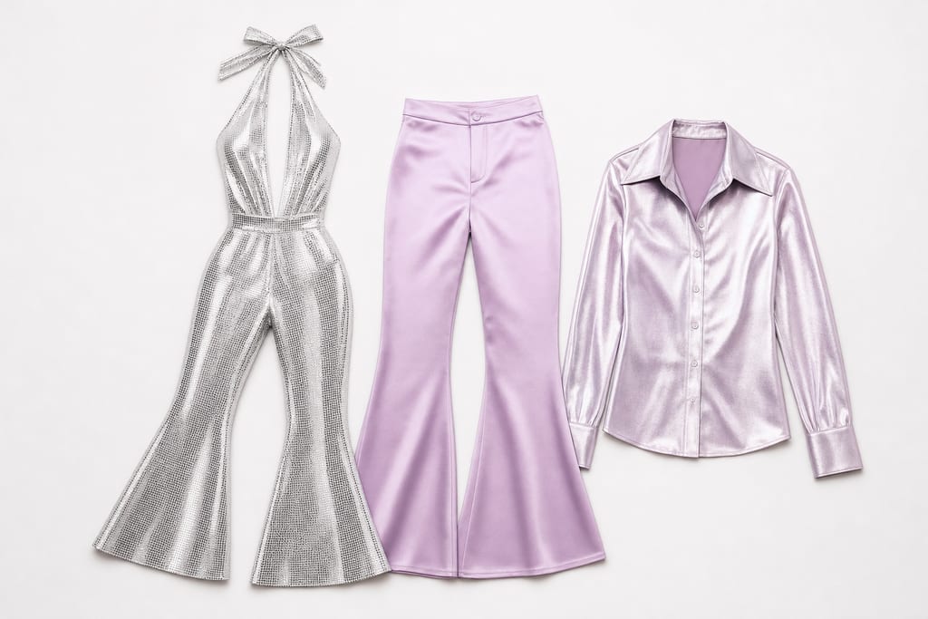 Shiny metallic disco jumpsuit beside flared satin pants and wide-collar shirt for 70 disco costumes