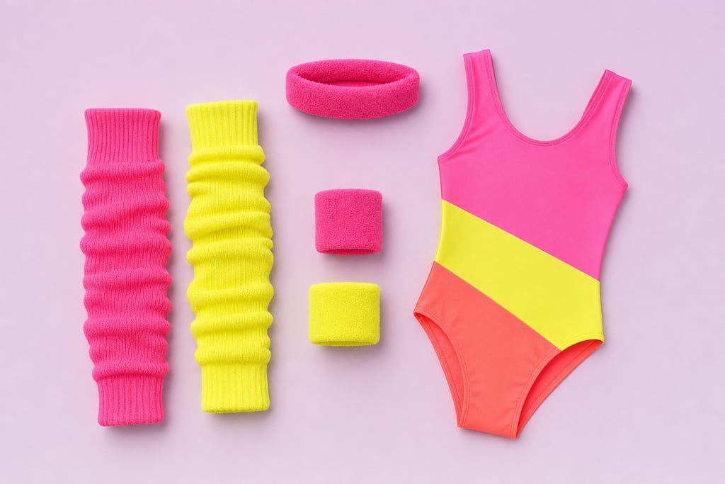 Neon pink and yellow leg warmers, headband, wristbands and leotard for 1980 costumes party