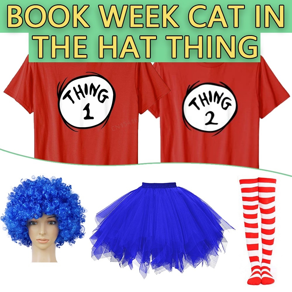Thing 1 and Thing 2 Costume Adults Dr Seuss T-Shirt Wig Tutu Socks Book Week Set