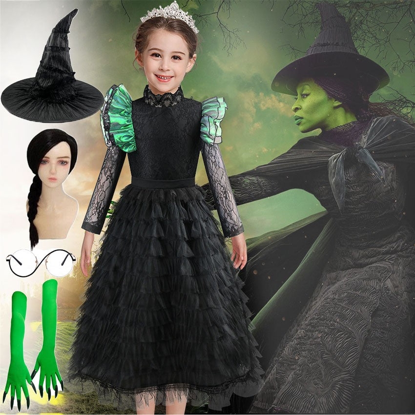 Wicked Elphaba Costume Kids Girls Witch Dress Cape Hat Wig Book Week Fancy Dress