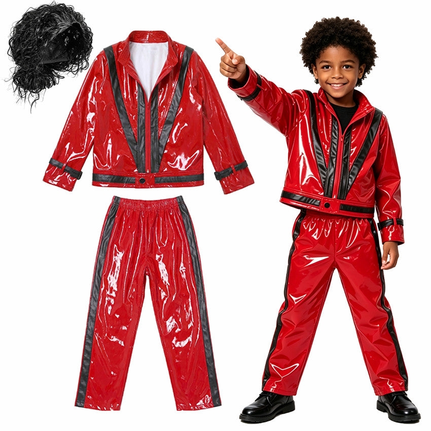 Kids 80s Pop Star Costume – Black Jacket, Pants & Wig Dance Outfit for Book Week
