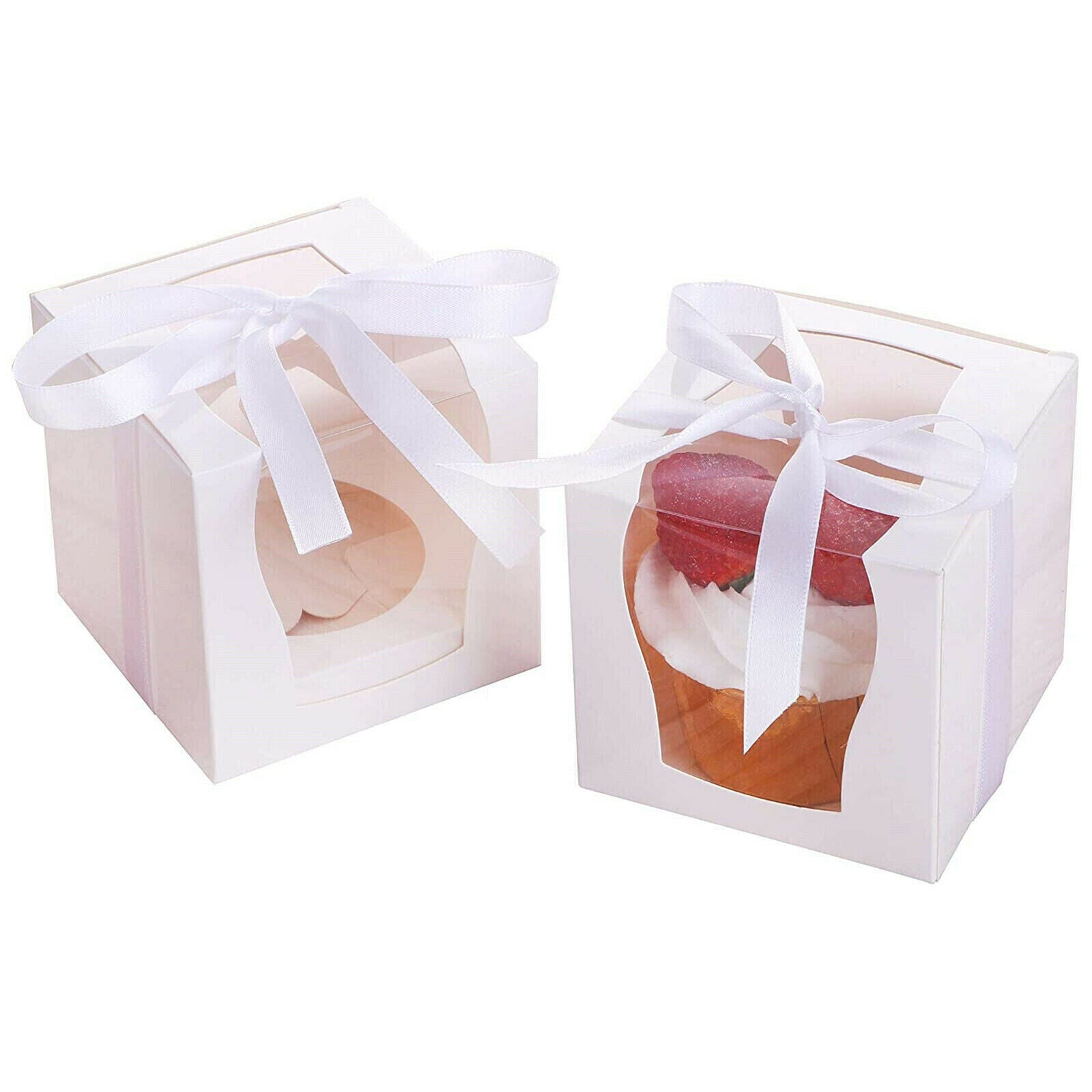 Cupcake Boxes – Clear Window Gift Boxes with Ribbon for Treats