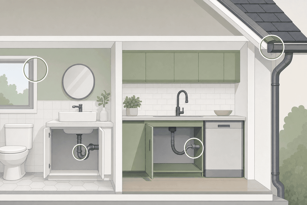 Cutaway home diagram highlighting pipe, hose, seal, and gutter check points