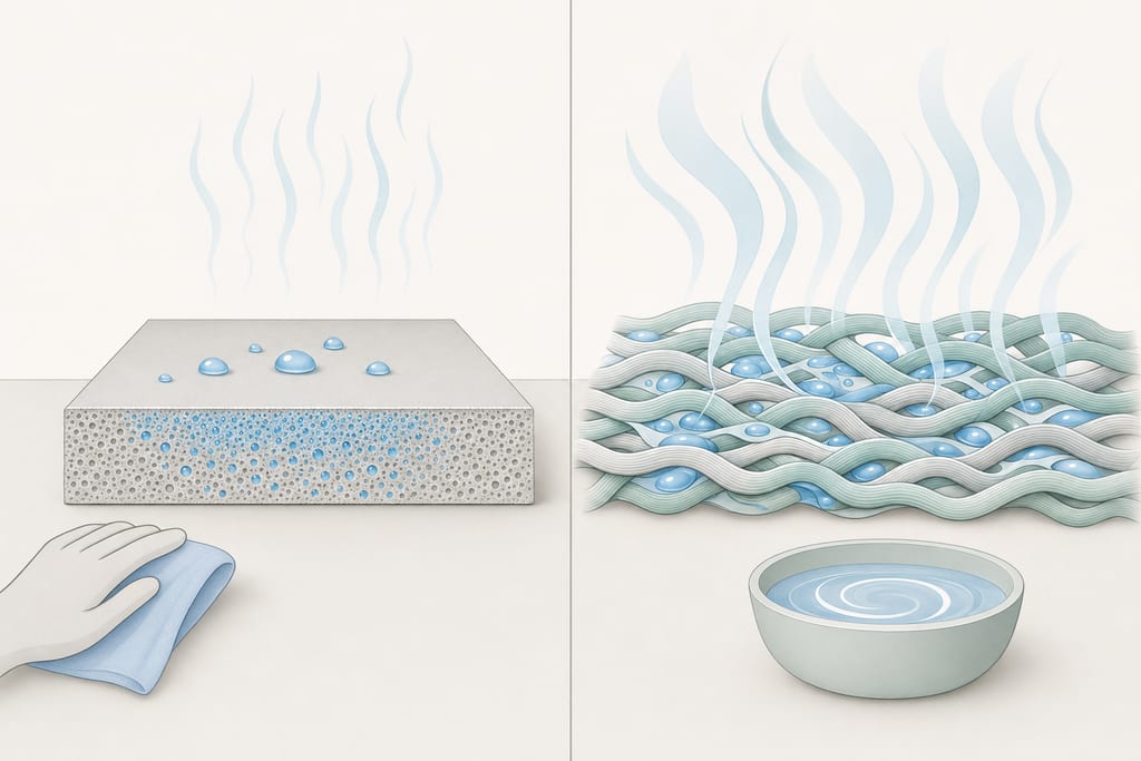 Split comparison diagram showing diatomite slab and bamboo cotton textile for washable bathroom floor mats