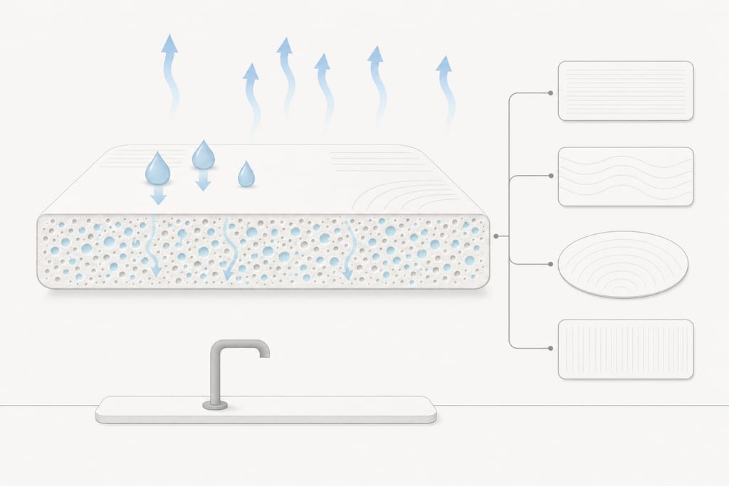 Cutaway diatomite slab showing moisture flow, pores, and drying of a white bath mat