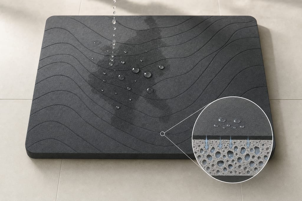 Charcoal stone mat absorbing droplets on light tile, demonstrating bath mat mold resistance