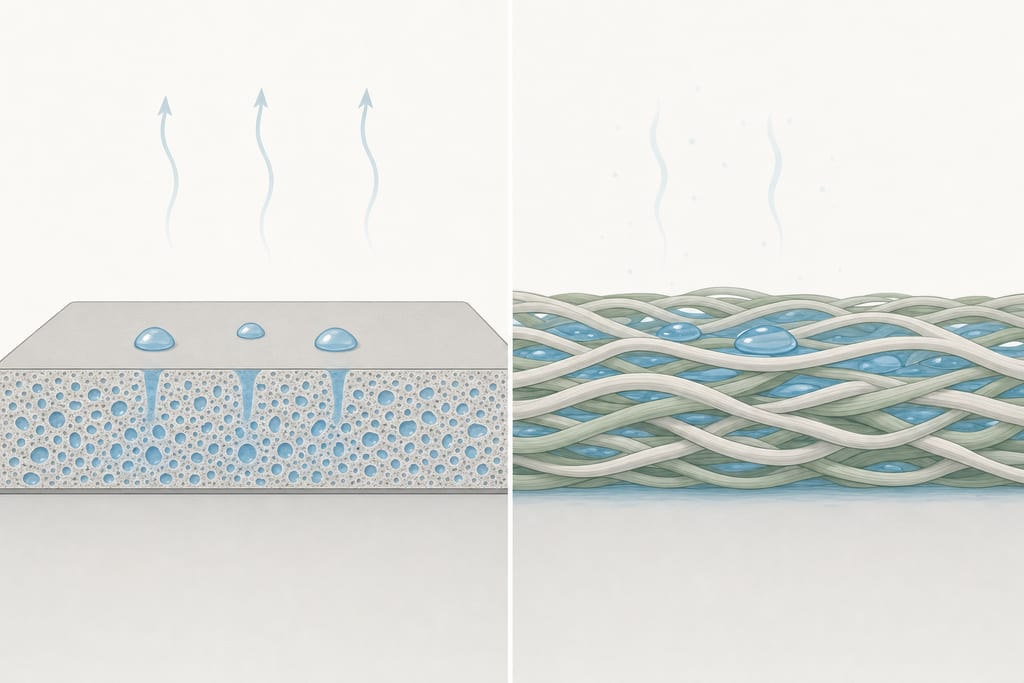Diatomite slab and woven textile cross-section comparing absorbent mats for bathroom performance
