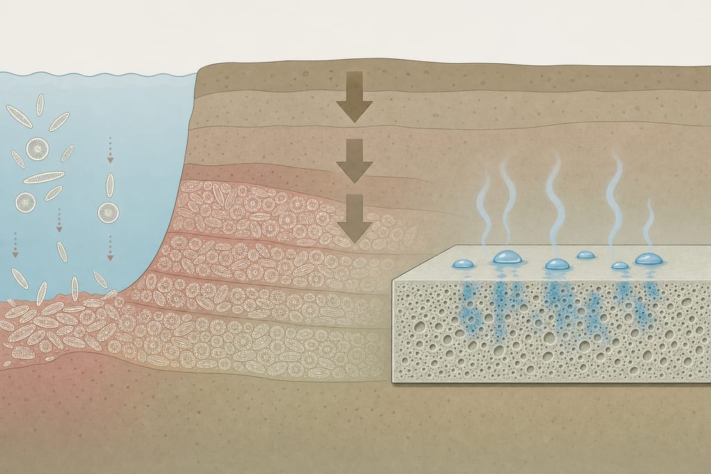 Educational cutaway showing diatom shells compacting into porous slab that answers what is diatomite