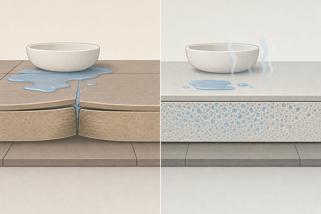 Split diagram showing bowl spill seeping into seams versus protected floor with dog water mat