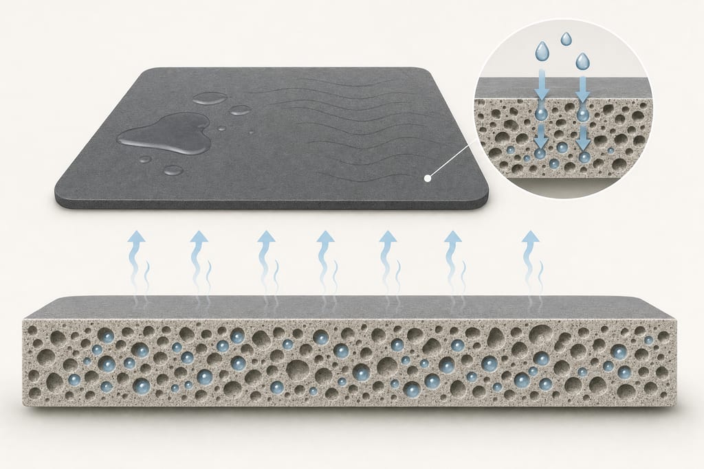 Flat dark grey textured stone gray bathroom mats with subtle wave engraving beside freestanding tub