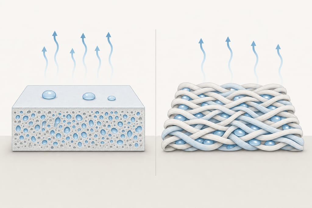 Split-frame diagram comparing moisture behavior in a diatomite stone products slab and towel