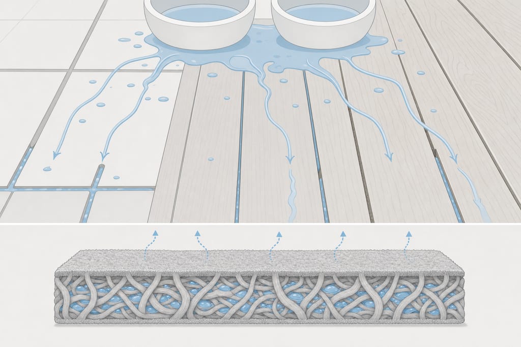 Top-down diagram of spilled water tracking into floor gaps near a stone dog mat