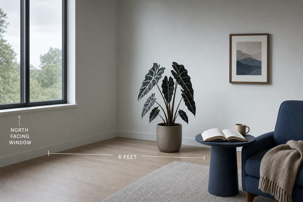 Bright modern corner with north facing window, Alocasia, and readable houseplants for low light setup