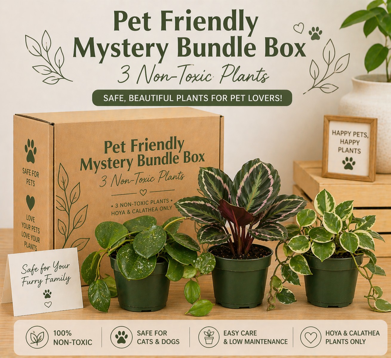 Pet Friendly Mystery Bundle Box - 3 Non-Toxic Plants with three potted Pet friendly houseplants on wood table