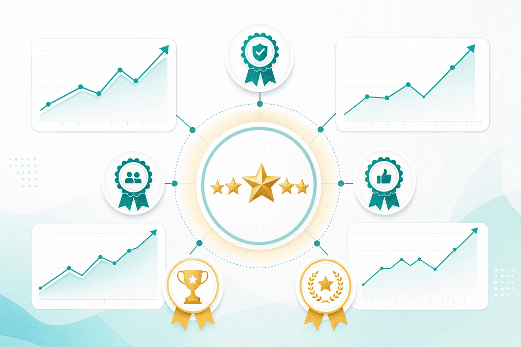 Line graphs, star rating symbol and award ribbons arranged together visually